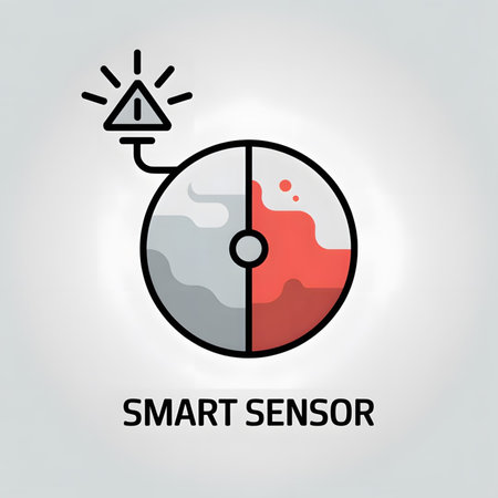 A circular graphic depicts a smart sensor with a grey and red color scheme.  A warning signal is connected to the circle which is divided into two halves representing different data states. The style is simple and flat.のイラスト素材