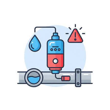 A stylized illustration depicts a smart water meter attached to a gray pipeline A red warning triangle and a blue water droplet indicate a potential leak The color palette is primarily red blue and gray The style is clean and minimalistのイラスト素材