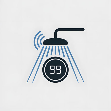 A minimalist illustration depicts a dark blue showerhead with water flowing in light blue lines A digital timer displays ninety nine  The style is simple and modernのイラスト素材