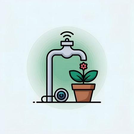 Illustration depicting a smart irrigation system watering a potted plant A silver faucet with a sensor waters a plant in a brown pot The background is a soft green gradient The style is minimalist and modernのイラスト素材