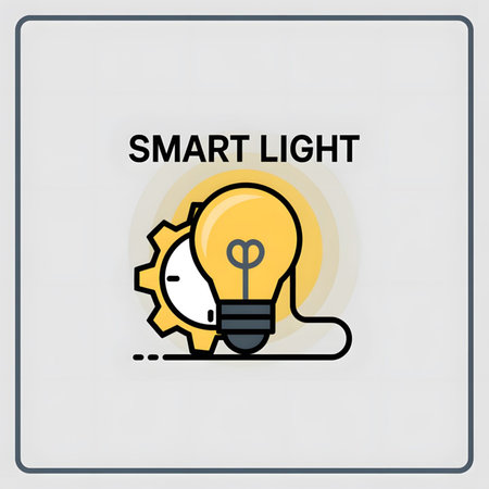 A simple illustration depicts a yellow lightbulb and a gear icon against a grey background The style is minimalist with clean lines and flat colors The image conveys the concept of smart light automationのイラスト素材