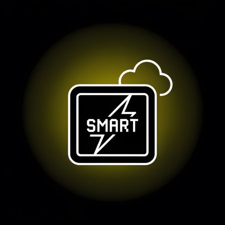 A white line art icon depicting a square smart device with a lightning bolt and cloud symbol on a black background with a yellow gradient.  The style is minimalist and simple.のイラスト素材