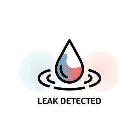 A stylized illustration depicts a water drop with a blue and red gradient inside two soft pastel circles with ripples below the drop The words Leak Detected are written belowのイラスト素材