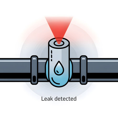 A vector illustration depicts a dark gray pipe with a cylindrical smart sensor in the center A red light beam emanates from the sensor indicating a leak A blue water drop icon is displayed on the sensor The background is white with a subtle gradient around the sensor The text Leak detected is displayed belowのイラスト素材