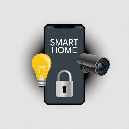 A dark gray smartphone displays the words Smart Home  A yellow lightbulb a silver padlock and a black security camera are positioned around the phone against a light gray backgroundのイラスト素材
