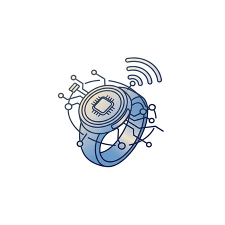 Isometric illustration of a smart ring featuring a blue gradient color scheme  The ring displays a central microchip surrounded by circuit board lines and a wireless signal icon.のイラスト素材