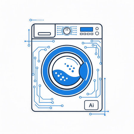 A line art illustration depicts a smart washing machine in blue and white. The design incorporates a circuit board pattern suggesting AI integration. The style is minimalist and flat.のイラスト素材