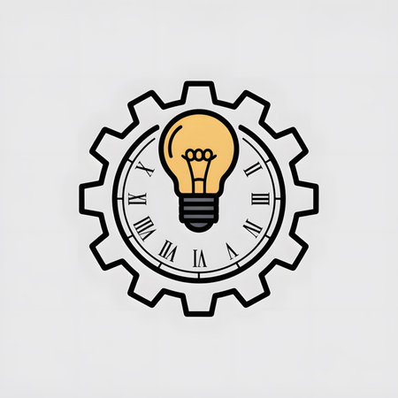 A simple illustration depicts a yellow lightbulb at the center of a black gear clock face with Roman numerals.  The style is minimalist and flat, using bold outlines against a white background. The image conveys a concept of time management and idea generation.のイラスト素材