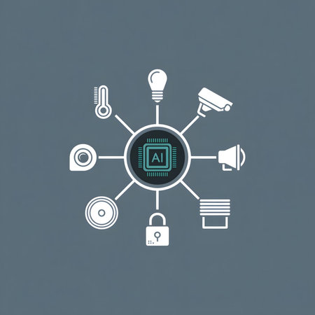 A gray background features a teal AI microchip at the center of a network graphic.  White icons...