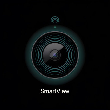 A close-up view of a stylized teal and black smart camera lens icon against a dark background.  The lens is circular with concentric rings and a small central aperture.  The word SmartView is displayed below.のイラスト素材
