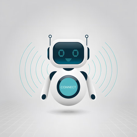 A friendly white robot with a teal connect button is shown emitting light blue wireless signal waves against a gray grid background. The robot has a simple design and a minimalist aesthetic.のイラスト素材