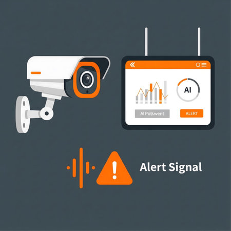 A white security camera with orange accents is mounted on a gray wall next to a digital display showing an alert signal an AI Potwent graph and AI indicator The overall style is flat design with clean lines and simple shapes.のイラスト素材