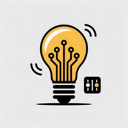 A stylized illustration depicts a yellow lightbulb with a circuit board inside and a small control panel nearby.  The style is simple and flat with bold outlines.  The lightbulb glows, and wireless signals emanate from it.のイラスト素材