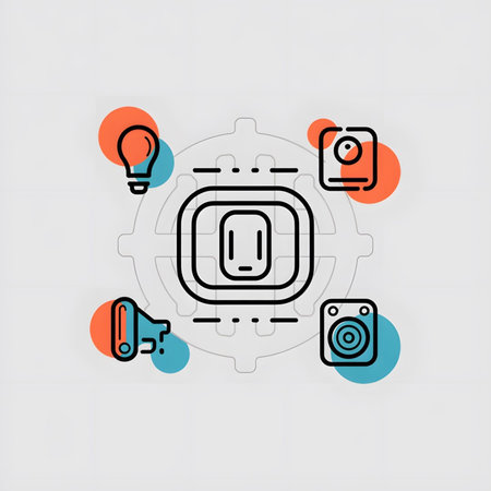 A minimalist line art illustration depicts a central smart device surrounded by icons representing...