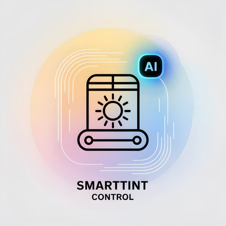 A line art icon depicts a smart window tint control system against a pastel rainbow gradient background The icon shows a window with a sun inside and an AI symbol indicating automated control.  The style is minimalist and modern.のイラスト素材