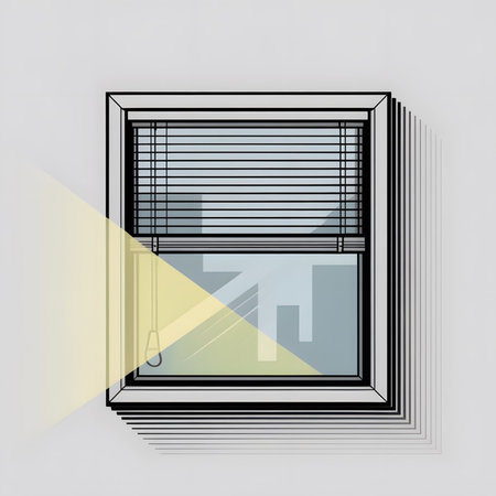A graphic illustration depicts a window with partially open grey horizontal Venetian blinds.  A cityscape is visible through the blinds and a pale yellow light beam enters from the left. The overall style is minimalist and geometric.のイラスト素材
