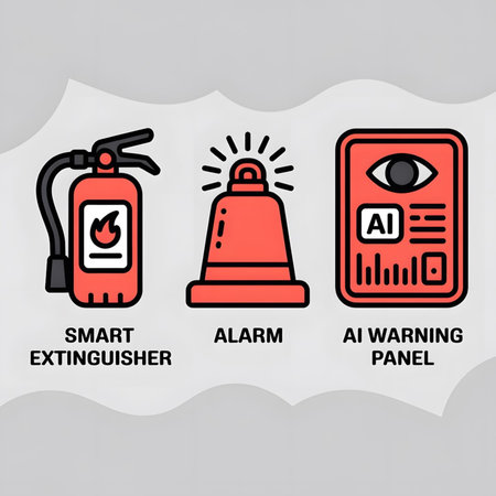 Three coral red icons against a light gray background depict a smart extinguisher, an alarm bell, and an AI warning panel with a stylized eye and data bars.  Black outlines define each element in a simple, flat style.のイラスト素材