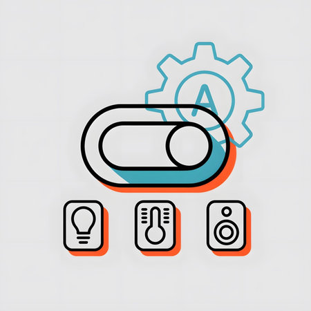 A stylized illustration depicts a teal toggle switch with an orange outline and drop shadow  Above it is a teal gear with the letter A inside. Below are three smaller icons: a lightbulb, a thermometer, and a speaker all with orange borders and drop shadows. The background is light gray.のイラスト素材