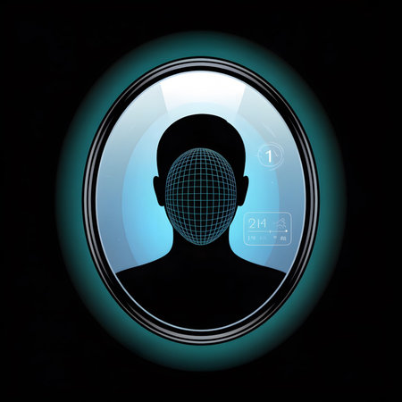 A dark teal circular interface displays a black silhouette of a head with a light teal gridded sphere covering the face area  The background is black with subtle lighting effects.  Small digital data points are visible on the screen.のイラスト素材