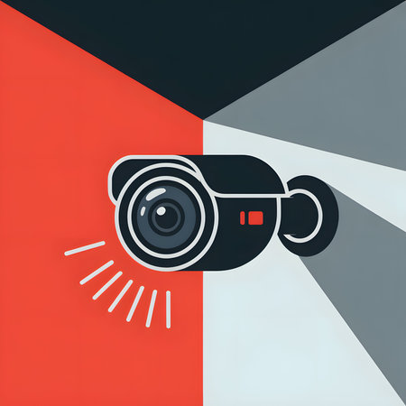 A stylized illustration depicts a dark gray and black security camera against a geometric background of red, gray, and off-white sections. The camera's lens is prominent, and light rays emanate from it, illuminating a portion of the red area. The style is minimalist and graphic.のイラスト素材