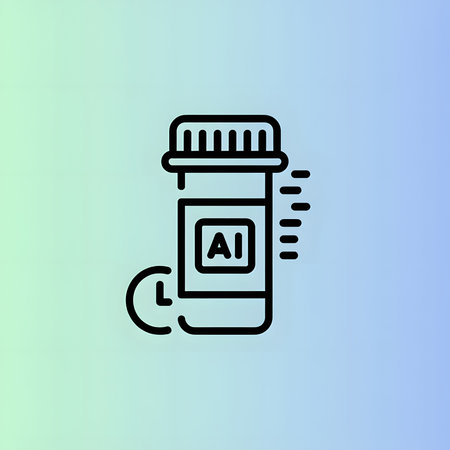 A simple black line art icon depicts a medication bottle labeled AI with dosage markings and a time element on a soft teal and light blue gradient background.  The style is minimalist and clean.のイラスト素材