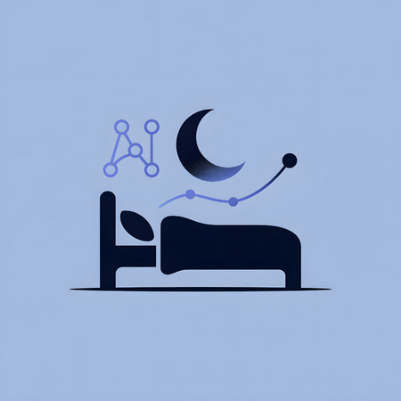 A dark blue silhouette of a bed with a person sleeping is shown against a light blue background. Above the bed are a crescent moon, a network of interconnected nodes, and a line graph showing data points. The overall style is minimalist and flat.のイラスト素材