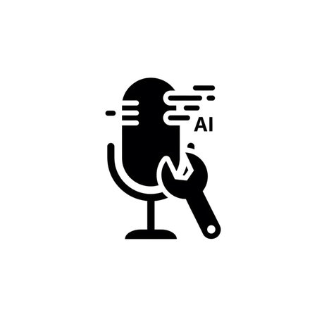 A black silhouette icon depicts a microphone with a wrench next to it and an AI data stream. The style is simple and minimalist.のイラスト素材