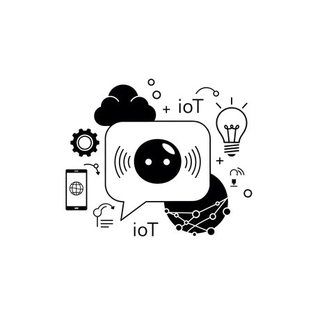 A black and white illustration depicts an IoT concept featuring a speech bubble with a central smart device icon and surrounding symbols like a cloud lightbulb smartphone and network connections all rendered in a simple minimalist style.のイラスト素材