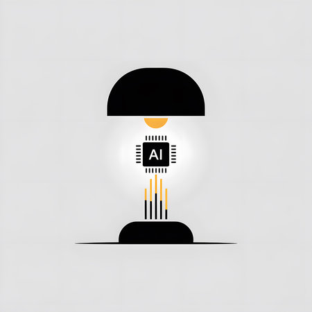 A minimalist illustration depicts a black semi-circular shape above a black base with a gold microchip labeled AI in the center emitting gold vertical lines. The color palette is primarily black and gold against a light gray background.のイラスト素材