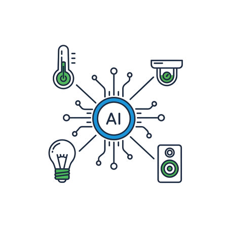 Line art illustration depicting an AI smart home system network with icons for a lightbulb, thermometer, security camera, and speaker connected to a central AI node.  The color scheme is primarily blue and green on a white background.のイラスト素材