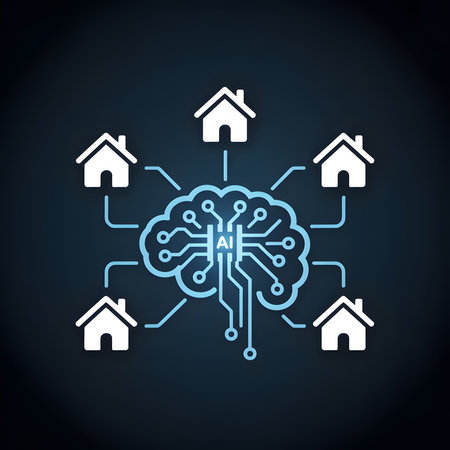 A stylized illustration depicts a blue glowing brain circuit board at the center connected to five white house icons via lines against a dark blue background. The brain features the letters AI.  The style is clean and minimalist.のイラスト素材