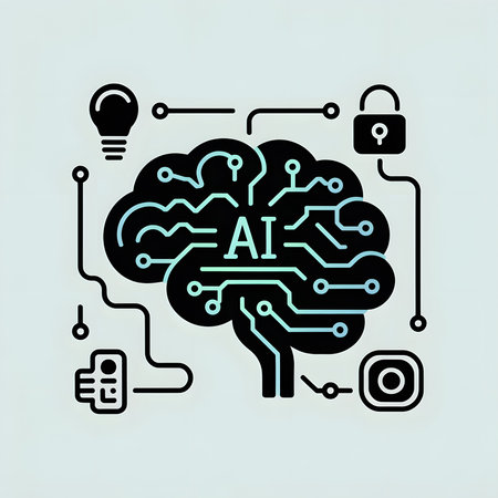 A stylized black brain graphic features teal and green circuit lines The brain is connected to icons representing a lightbulb lock and camera  Thin black lines create a network effect against a light gray backgroundのイラスト素材