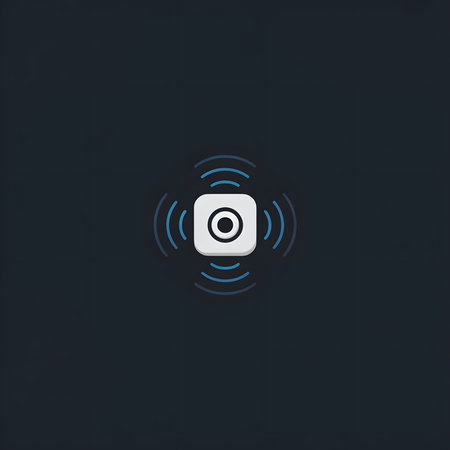A minimalist graphic featuring a white square camera icon at the center against a dark background...