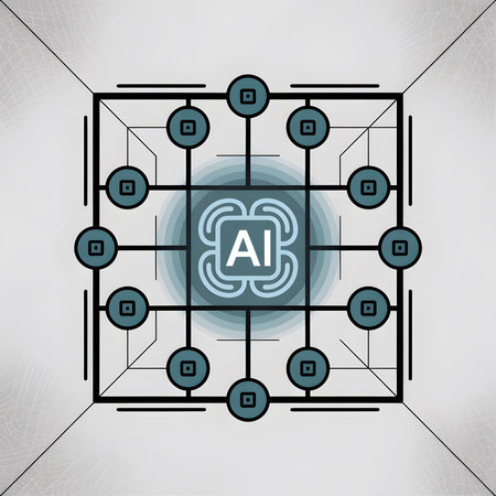 A stylized illustration depicts a teal and gray AI network The central AI symbol is surrounded by...