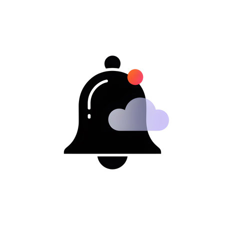 A black bell icon features a red notification dot and partially transparent purple and gray clouds...