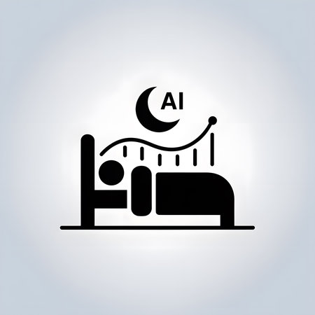 Black silhouette icon depicting a person sleeping in a bed under a crescent moon with AI symbol above a line graph indicating sleep data analysis.  Minimalist style on a light gray background.のイラスト素材