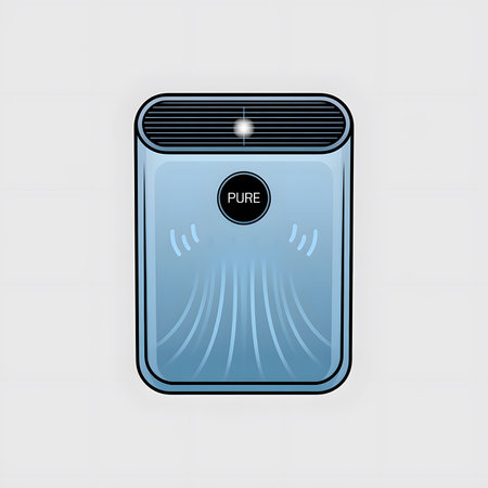 A light blue air purifier is depicted in a simple illustration style.  The device shows clean air flow lines emanating from a central point, with a grid at the top and the word PURE on the front. The style is minimalist and modern.のイラスト素材