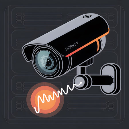 A black and gray security camera is depicted against a dark gray background with faint server rack outlines. An orange circular warning signal with a wavy line indicates motion detection. The camera has a Somert brand label with an orange stripe.のイラスト素材