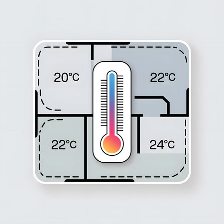 A simplified apartment floor plan shows room temperatures indicated by numbers 20 22 and 24 degrees Celsius A central smart thermostat displays a temperature gradient from cool blue to warm orangeのイラスト素材