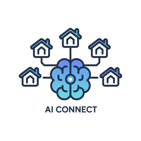 A stylized illustration depicts a teal and blue gradient brain centrally positioned with five small house icons connected to it via lines suggesting a network connection The style is clean and minimalist with a flat design aestheticのイラスト素材