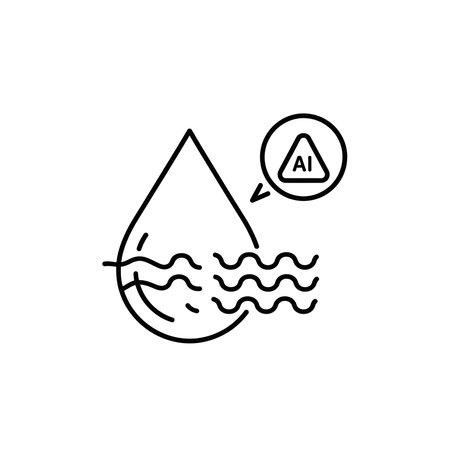 A simple black and white line art illustration depicts a water droplet with wavy lines inside indicating movement or flow. A circular warning symbol with the letters AI is positioned nearby. The style is minimalist and clean.のイラスト素材