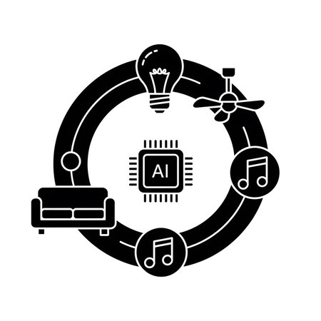 A black and white illustration depicts a circular flowchart showing an AI microchip at the center connected to a lightbulb ceiling fan couch and music notes representing a smart home system.  The style is simple and graphic.のイラスト素材
