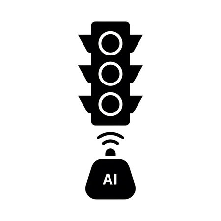 A black and white vector illustration depicts a traffic light controlled by an AI system via wireless communication The traffic light has three circular lights and a simple AI-labeled base.のイラスト素材