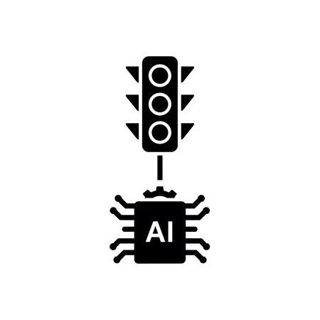 A black and white vector icon shows a traffic light connected to an AI microchip signifying an AI controlled traffic system The style is simple and minimalistのイラスト素材