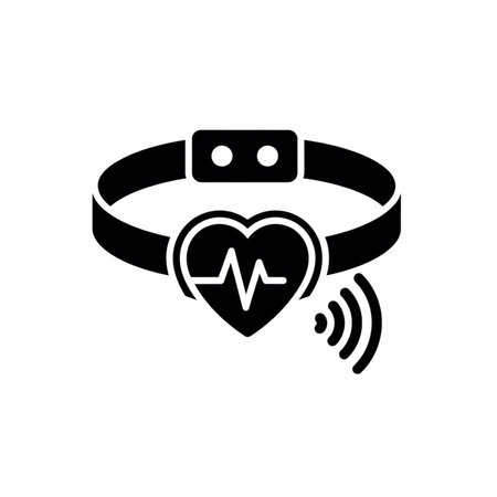 A black silhouette illustration depicts a smart fitness tracker with a heart rate monitor feature and wireless connectivity symbol. The design is simple and minimalist against a white background.のイラスト素材