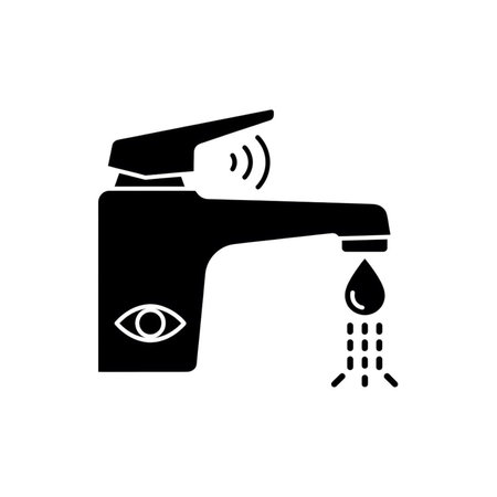 A black silhouette of a smart faucet with a sensor icon and an eye symbol indicating automatic operation Water flows from the spout.  Minimalist design on a white background.のイラスト素材
