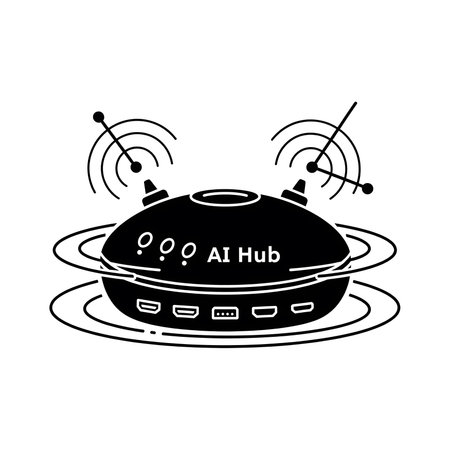 A black and white illustration depicts a futuristic AI Hub device with multiple ports and wireless antennae emitting signal waves It features a sleek design with a central body and side antennae The text AI Hub is prominently displayed on the deviceのイラスト素材