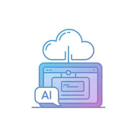 A stylized illustration depicts a blue and purple gradient cloud connected to a laptop displaying a website interface A speech bubble labeled AI is present.  The style is minimalist and clean.のイラスト素材