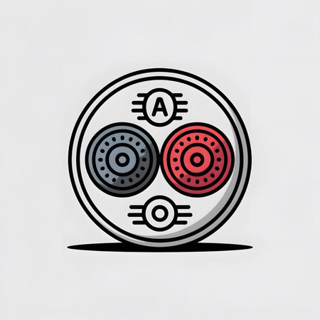 A stylized illustration depicts a circular three-pin connector with a gray and red color scheme.  The central design features a letter A and a letter O. The overall style is flat and minimalist.のイラスト素材
