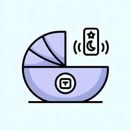 A digital illustration depicts a lavender-colored baby bassinet with a partially opened canopy. Above it, a smartphone icon displays a crescent moon and star, symbolizing a sleep monitoring app.  The style is simple, flat, and uses pastel colors.のイラスト素材